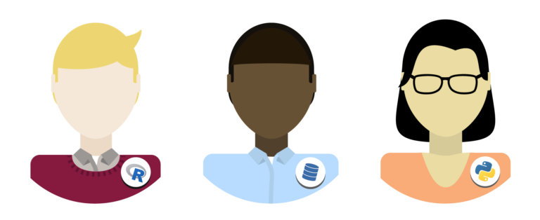 Three employees with buttons on their shirts showing icons for R, Database, and Python